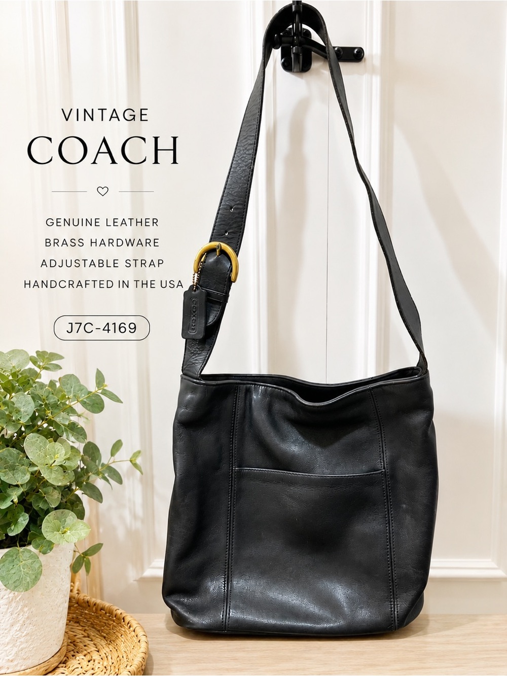 COACH Vintage Black Leather Shoulder Bag with Brass Hardware 1990s made in USA